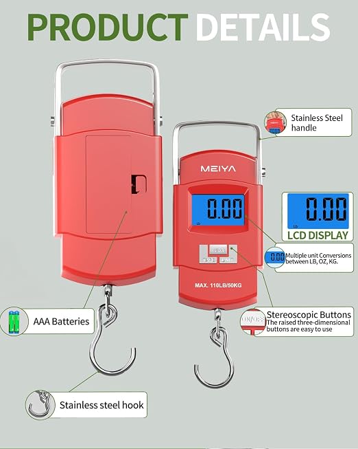 MEIYA Fish Scale 110lb Portable Luggage Scale Travel Digital Hanging Scale with Hook, Fishing Gifts for Men, Weighing Tool for Suitcases & Fish, Includes 2 AAA Batteries, Backlit LCD Display (Red) - Image 3
