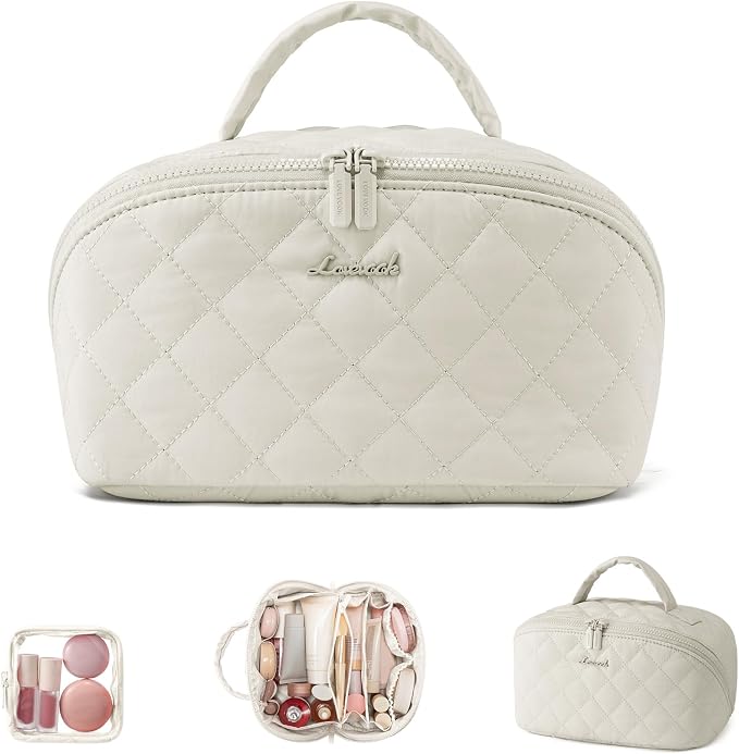 LOVEVOOK Travel Makeup Bag for Women, 2Pcs Puffer Waterproof Cosmetic Organizer, Large Capacity Pouch Open Flat Small Toiletry Bag with Brush Compartment & Handle (Off-white, Medium) by LOVEVOOK