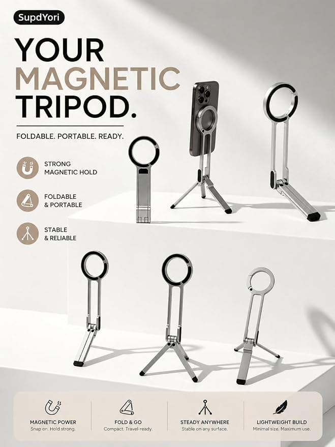 Mini Pocket Magnetic Phone Tripod – Aluminium Foldable Stand with Strong Magnet, Maglock Smartphone Tripod Compatible with iPhone 17 16 15 14 13 12 Series, Silver - Image 6