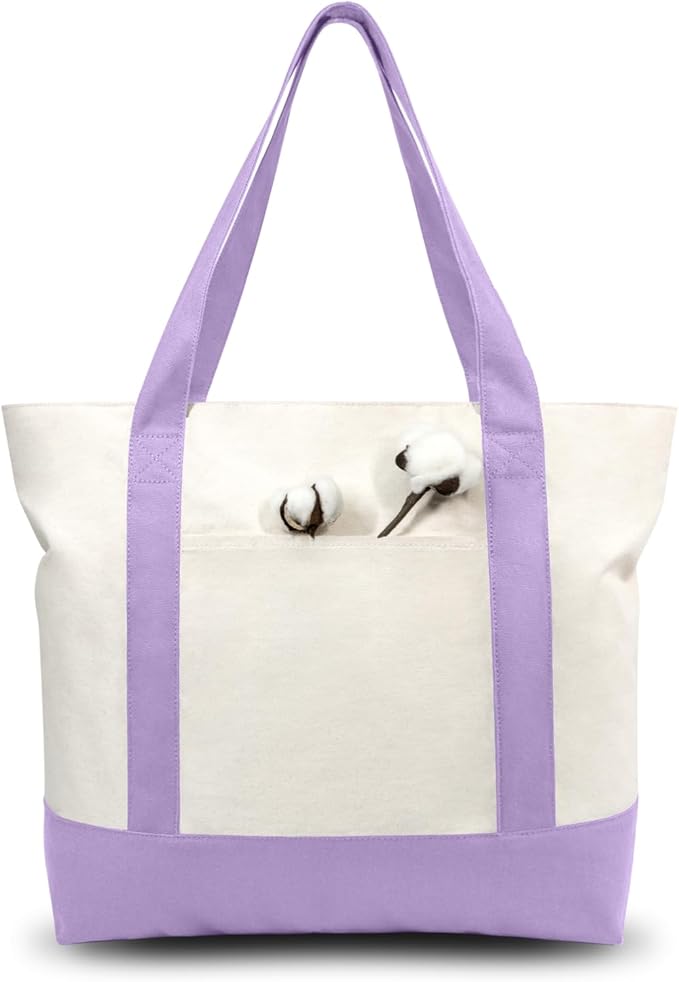 TOPDesign 1-Pack Canvas Tote Bag with an External Pocket, Reusable Grocery Shopping Bag, Top Zipper Closure, Daily Essentials (Lavender/Natural) by TOPDesign