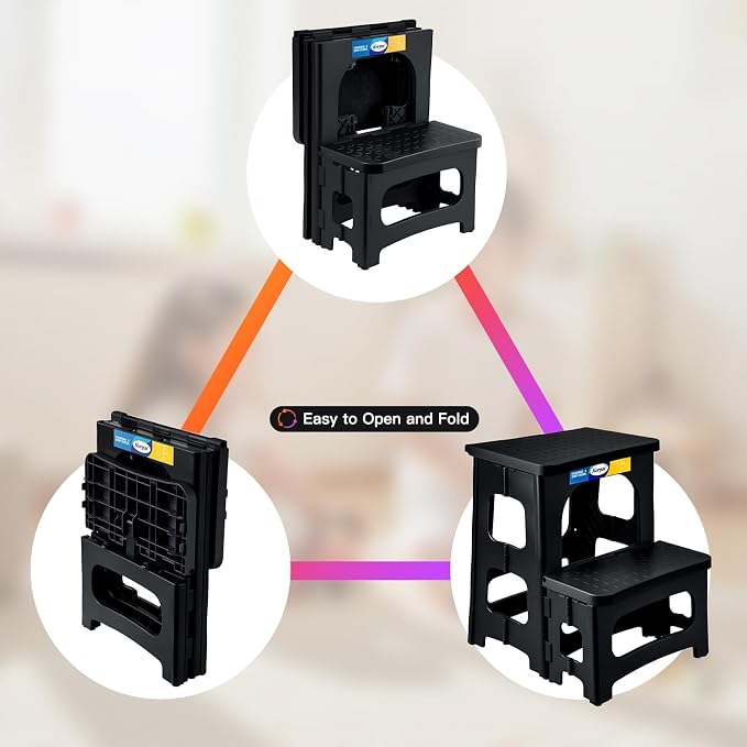 Korpai Folding 2 Step Stools,8" & 17" Dual Heights,Folding Step Hold up to 250 lbs,Step Stools for Adults and Kids,Step Stool for Dorm Bed,Kitchen Bedroom Office,Truck ect,Black - Image 4