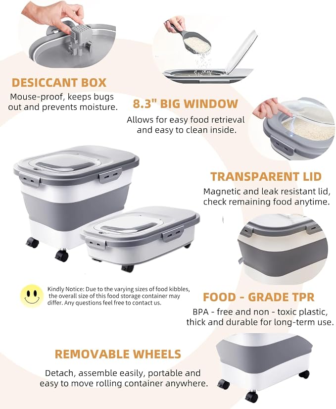 20-30 Lbs Rice Storage Container,Collapsible Food Storage Containers | Flour Storage Container with Wheels Airtight Locking Lid,Rice Container with Cup and Scoop,Suitable for Rice,Pet Food,Flour - Image 8