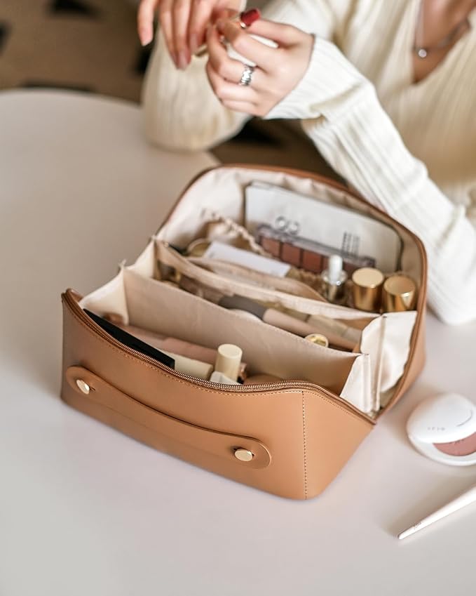 EACHY Travel Makeup Bag for Women, PU Leather Cosmetic Bag, Brown, Large | Water-resistant PU leather exterior with flat-open access, clear TPU brush compartment and organized storage for cosmetics - Image 8