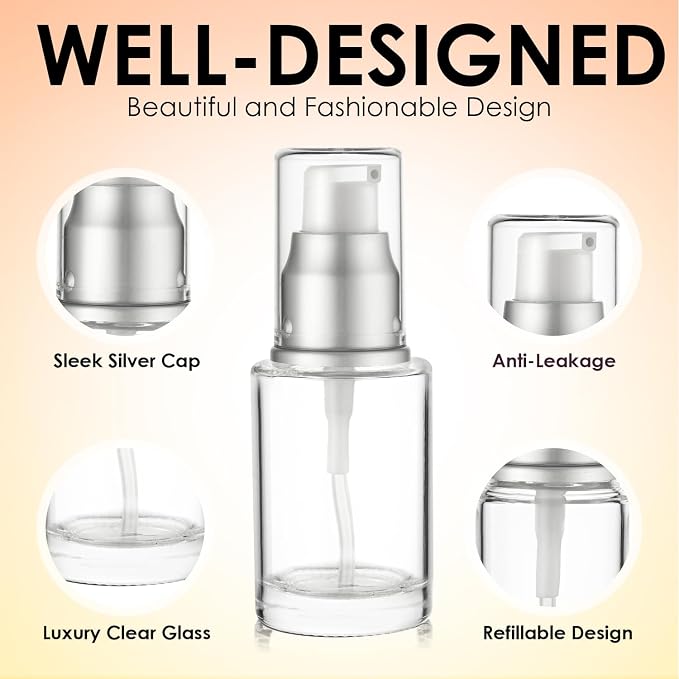 Clear Glass Pump Bottle (6-Pack) 1 Oz 30ml - Refillable, Silver Cap | Luxury, Lotion, Serum, Foundation, Body Cream, Sanitizer, Cosmetics, Travel - Image 5