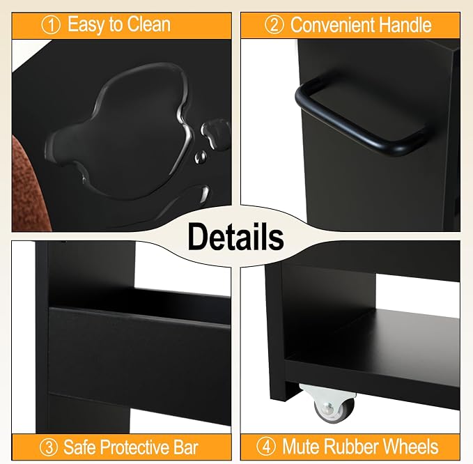 MARTY Slim Rolling Storage Cart 7.9" W Laundry Cart with Wheels,Wood, Black | Narrow Utility Cart Between Washer and Dryer, 3 Tier Mobile Shelving Unit for Kitchen, Laundry, Bathroom, Office, Living Room - Image 7