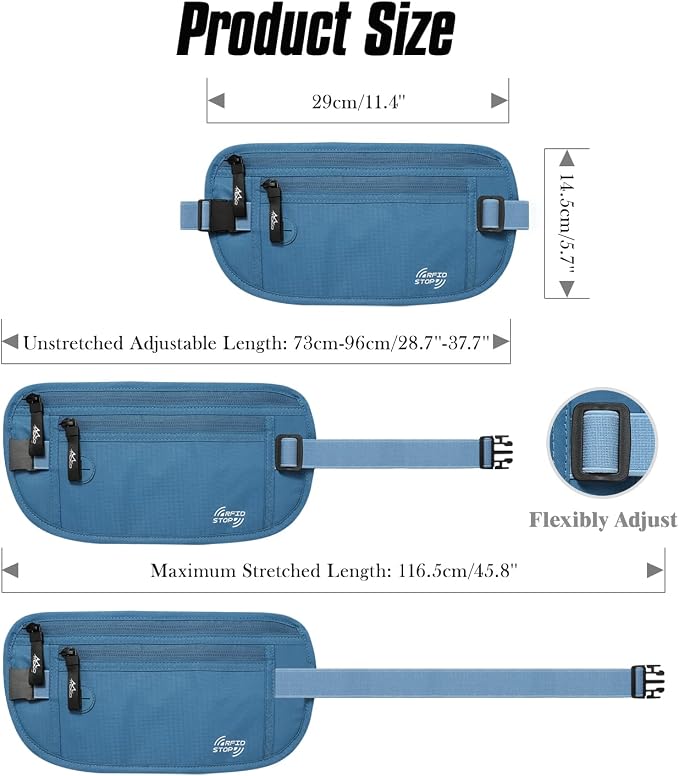 MoKo Travel Money Belt with RFID Blocking, 3 Pockets, Blue | Slim 210D water-resistant nylon design fits discreetly under clothing; adjustable strap fits 28-50 in waists - Image 6