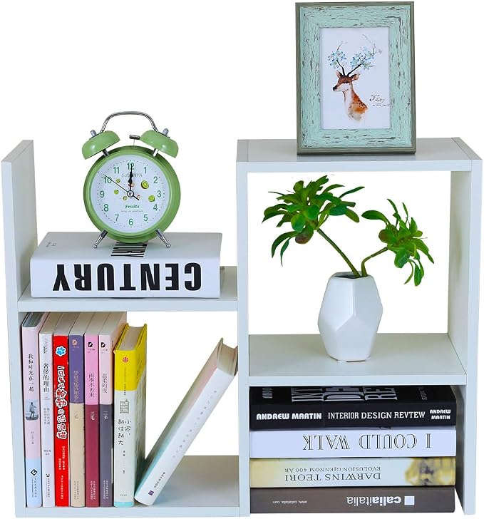 Desktop Shelf Freestanding Wooden Small Bookshelf Desk Supplies Organizers and Accessories Storage Display Rack Office Dorm Decor for Women, White by PAG