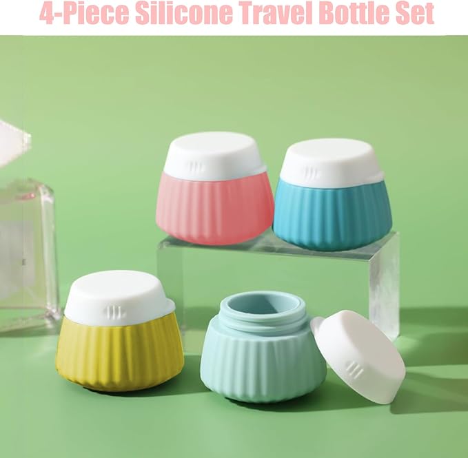 4 Pack Silicone Travel Cream Containers, Refillable Toiletry Jars | Leak Proof Design, Comes with Scoops, Labels & Clear Bag, Perfect for Travel Shampoo, Conditioner and Skincare Toiletries - Image 3