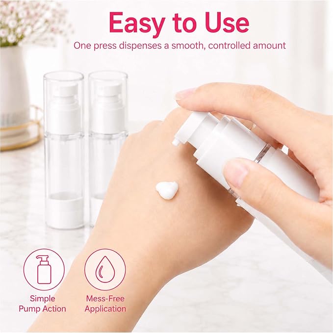 4 Pack Airless Pump Bottles, 1 oz Leakproof Travel Bottles with Pump for Toiletries, Small Empty Containers with Lids for Lotion Creams Serum Skin Care Shampoo Cosmetic Moisturizer Dispenser, Clear - Image 3