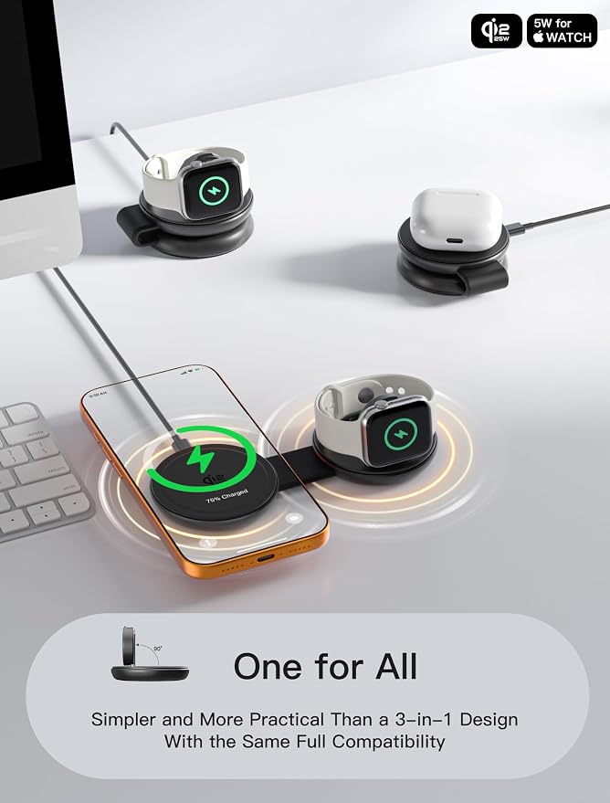 2 in 1 Magnetic Wireless Charger, Qi2 25W Fast Charging Travel Station Pad Compatible with MagSafe for iPhone Air/17/16/15/14/13/12, 5W for Apple Watch, AirPods 4/3/2/Pro with 30W Adapter (Black) - Image 5
