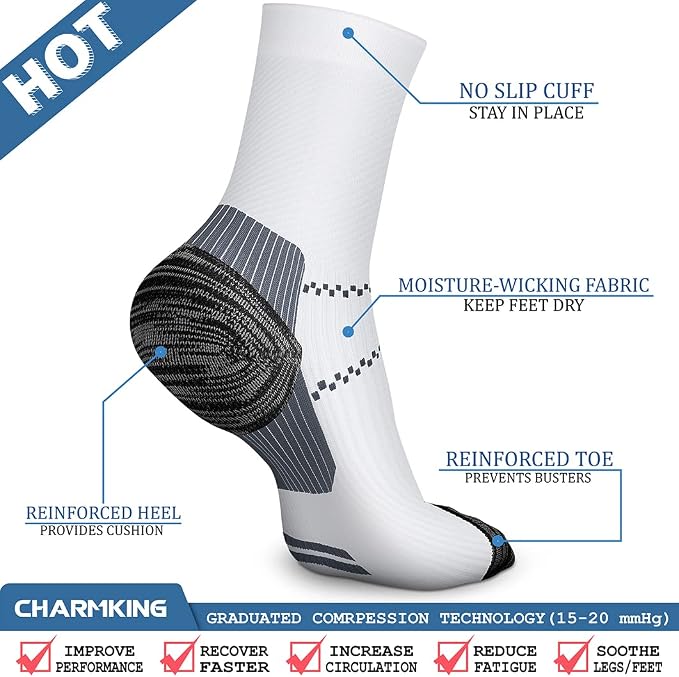 CHARMKING 6 Pairs Crew Compression Socks for Women & Men Circulation 15-20 mmHg is Best for All Day Wear Running Nurse - Image 5