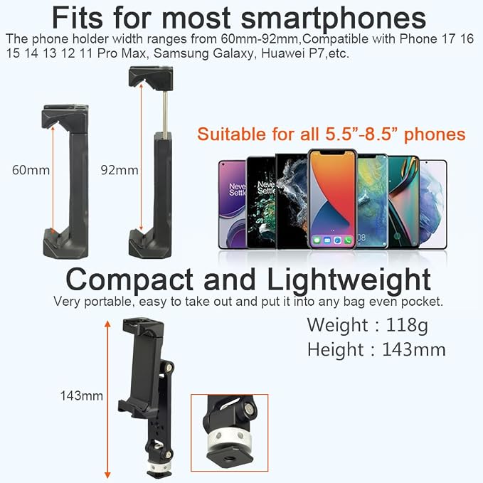 Aluminum Phone Tripod Mount Adapter with Cold Shoe and 1/4” Threaded Holes, 360° Rotation 230° Tilt Camera Phone Holder Mount for iphone Camera Monitoring Gimbals Stabilizers Tripods Phone Holder - Image 7
