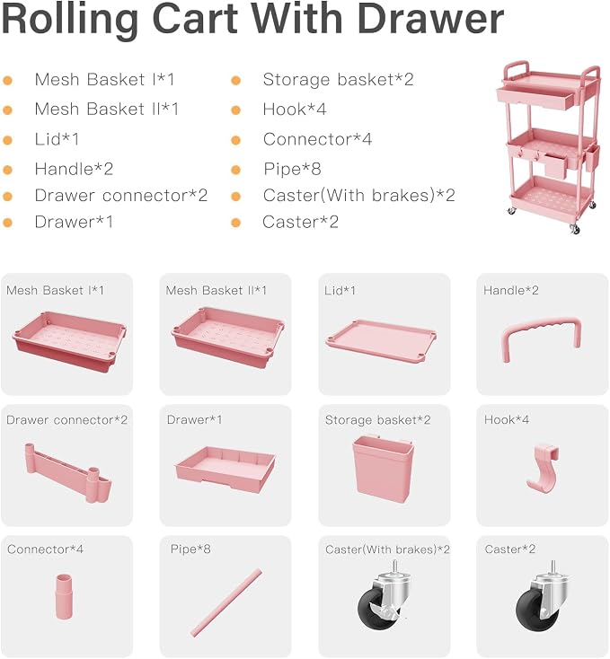 Sorgion 3 Tier Rolling Cart Organizer,Laundry Room Bathroom Organizers and Storage Office Shelves Mobile Shelving Unit Kitchen Trolley Cart with Wheels for Art,Craft,Diaper,Bedside,Snack(Pink) - Image 7