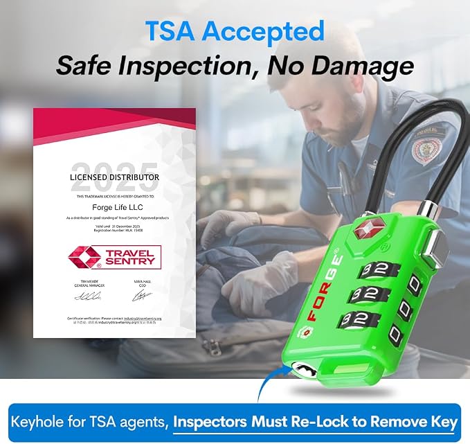 TSA Approved Cable Luggage Locks, Re-settable Combination with Alloy Body (Green 4 Locks) - Image 2