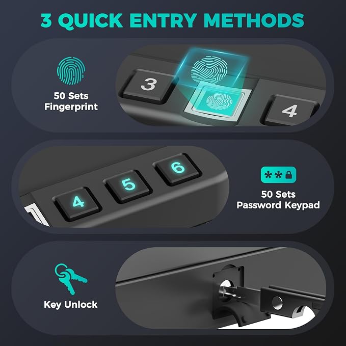 Gun Safe for Handgun Biometric Gun Safe for Car Pistols Safe, Quick Access Handgun Safe with Fingerprint PIN or Key Rechargeable Lock Case, for Home Car Travel Nightstand Bedside or Drawer - Image 3