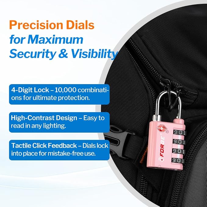 Forge Dual-Opening: Key or Combination Lock, TSA Approved Lock for Luggage, Pelican case, Travel, Gym, School, Luggage Combination Lock, Travel Bag Lock (Pink 2 Pk) - Image 6