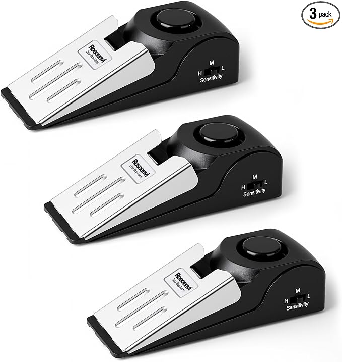 3 Pack Door Stop Alarm, Door Stopper with 120DB Security Alarm, Floor Wedge Door Stop Siren, Door Security Devices for Traveling, Apartment, Hotel and Home, Black by Rosoenvi
