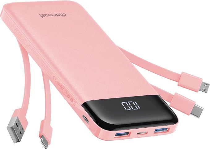 charmast Power Bank Portable Charger with Reinforced Built-in 4 Cables | 3A Fast Charging,10000mAh,6 Outputs 3 Inputs,Travel Essentials,TSA Compliant,LED Display,compatible with iPhone Samsung Moto by charmast