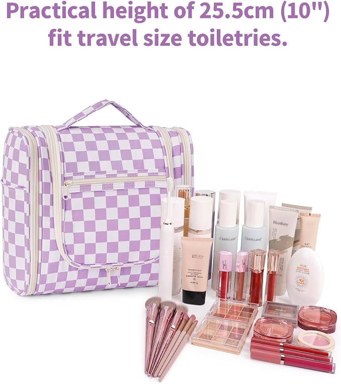 Narwey Checkered Hanging Travel Toiletry Bag for Women, Travel Bag for Toiletries, Makeup Bag Organizer Cosmetic Bags Make Up Bags for Women (Purple Checkerboard) - Image 4