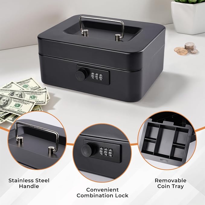 Cash Box with Money Tray and Combination Lock Metal Money Box for Cash Lock Box for Money 7.87" x 6.3" x 3.54" Black - Image 4