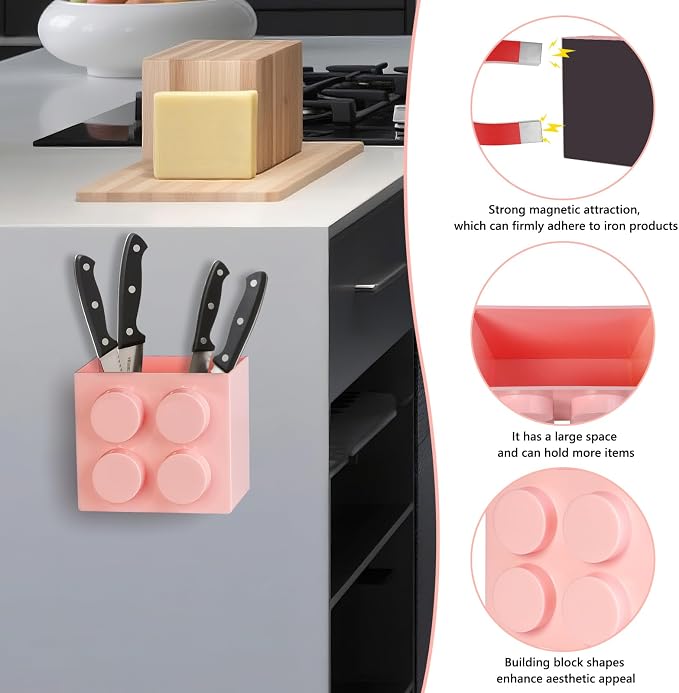 Magnetic Basket Organizer for Fridge - Lego-Style ABS Plastic Storage Box,No Drill Design for Kitchen Counter, Microwave & Whiteboard, Holds Up to 3.5 lbs(Pink) - Image 6