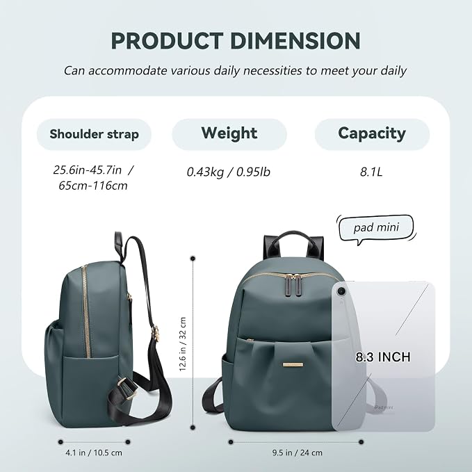 Small Backpack for Women, Cute Backpack Casual Work Daypack Purse for College Travel, fit 9.7 Inch, Dark Green - Image 2