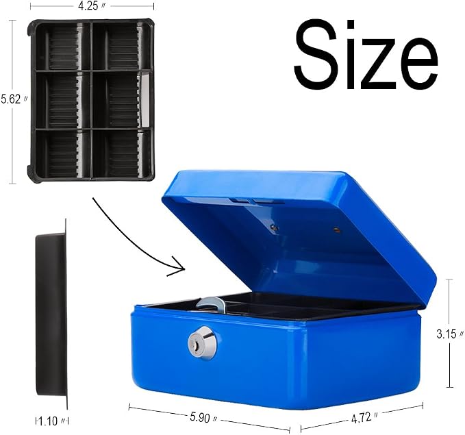 Decaller Small Cash Box with Key Lock, Double Layer Metal Money Box for Home Security, Portable Locking Box, 5.9" x 4.7" x 3.2", Blue - Image 3