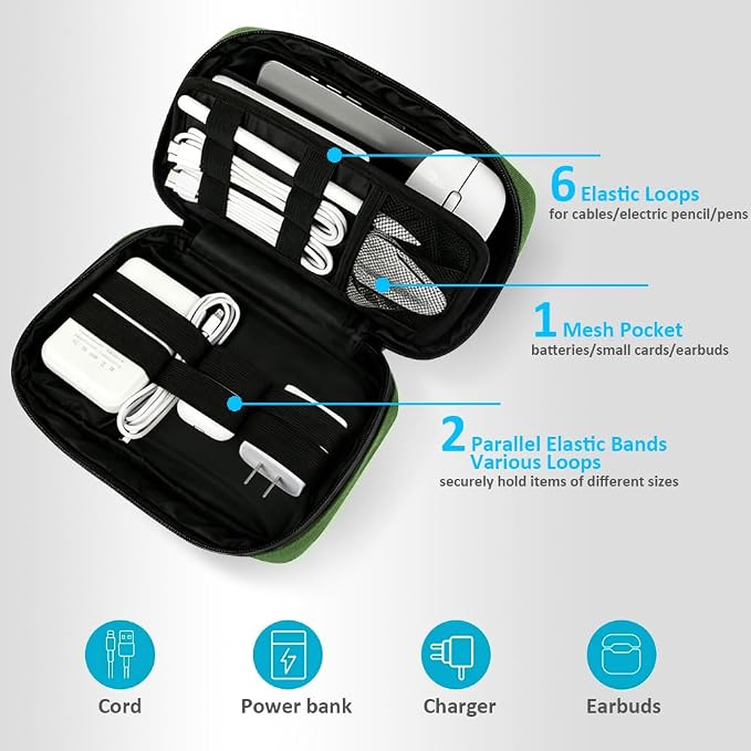 GOX Travel Cable Organizer Bag, Medium Tech Pouch for Electronics, Green | Two Zippers & Multiple Storage Pockets, Water-Repellent Oxford, All-in-One Tech Bag for Electronic & Travel Accessories - Image 4