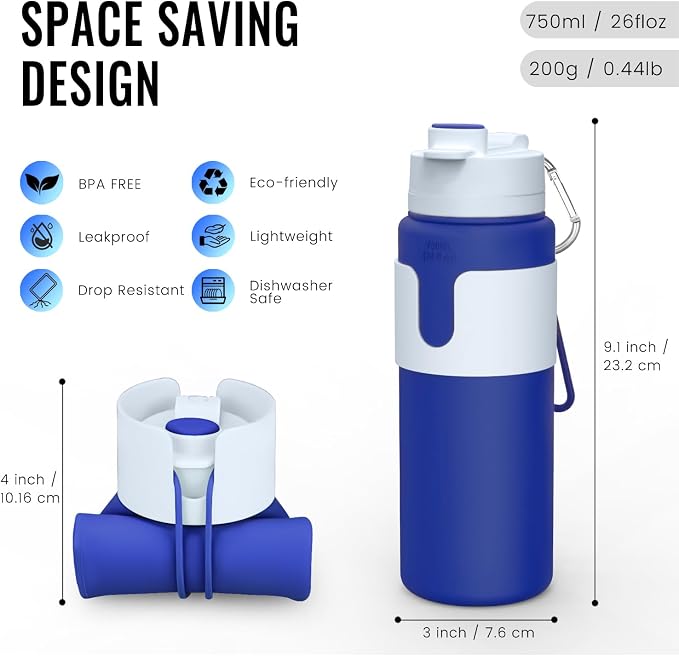 Nefeeko Collapsible Water Bottle, BPA Free 26oz Silicone Water Bottles | Foldable Water Bottles for Travel Sports, Leak-Proof Spill-Proof Portable Water Bottle with Carabiner, Lightweight - Image 2