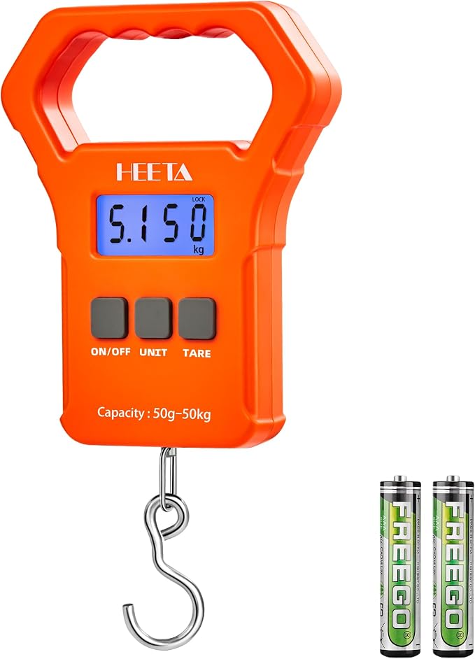 HEETA Fish Scale 110lb/50kg Digital Hanging Fishing Luggage Weight Scale | Portable with Backlit LCD Display, Hook & Non-Slip Large ABS Handle, Fishing Gifts Gear for Men, 2 AAA Batteries Included by HEETA