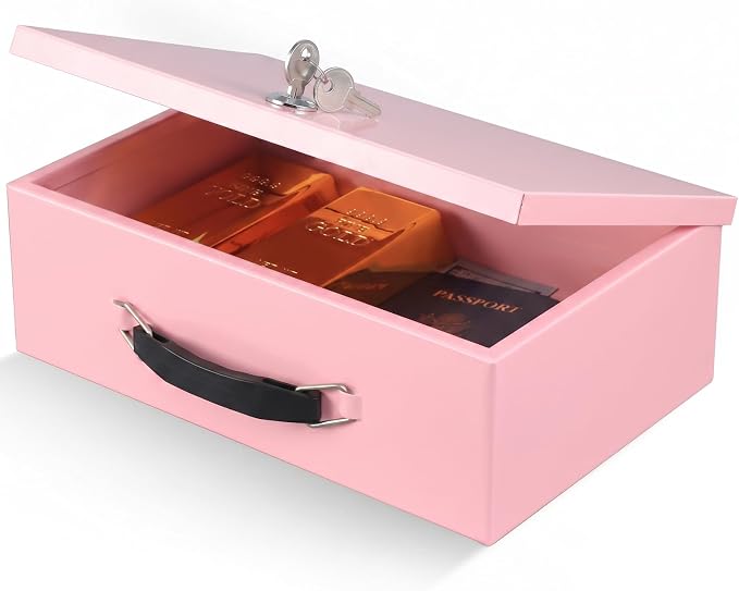 xydled Fireproof Document Box with Key Lock, Fire Safe Box, Pink | Fire and water resistant lock box for documents, passports, cash and valuables, keeping secure at home, 12.8 x 8.5 x 4.5 Inch by xydled