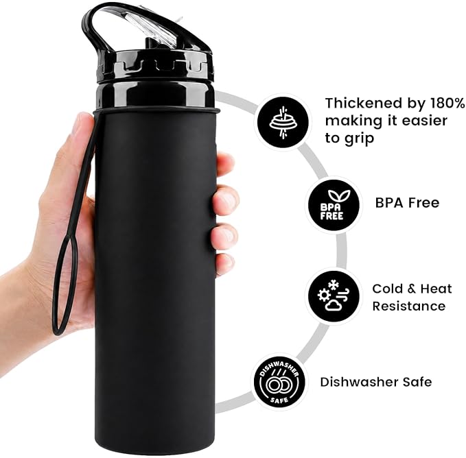 Collapsible Water Bottles 20oz, Foldable Travel Bottle, Leak Proof Lid Running water bottle Reusable BPA Free Silicone for Hiking, Camping, Sports & Outdoors Black - Image 4