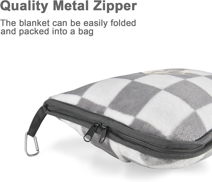 Travel Blanket and Pillow Compact, Premium Soft 2 in 1 Airplane Blanket with Soft Bag Pillowcase，Hand Luggage Sleeve and Backpack Clip (Grey Checkered) - Image 4
