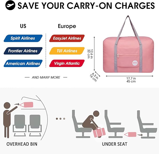 WANDF Foldable Travel Duffel Bag Luggage Sports Gym Water Resistant Nylon (Coral Pink) | 18x14x8 inches, Airline Underseat Aprroved, Weekend Overnight Trips, Lightweight Packable - Image 2
