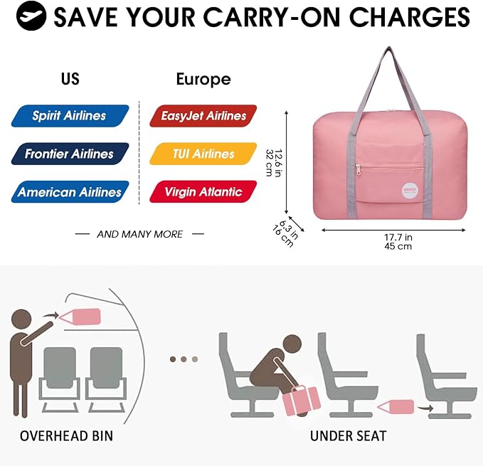 WANDF Personal Item Travel Bag, Carry On Duffle Bag Women | 18x14x8 inches, Airline Underseat Aprroved, Weekend Overnight Trips, Lightweight Packable - Image 2