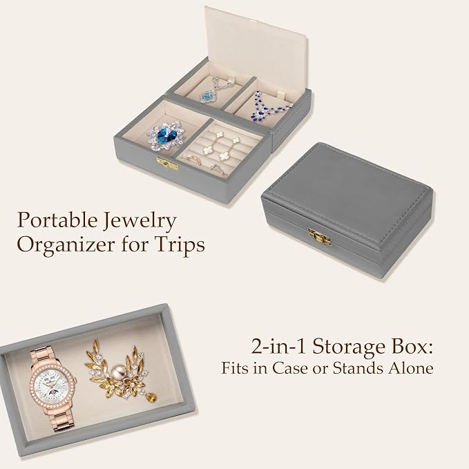 Jewelry Safe, Biometric Fingerprint Safe, Leather Wrapped Jewelry Box with Lock & Mirror, Ultra-Lightweight Jewelry Box Suitable for Home Use & On-the-Go(Three-Tier Gray) - Image 7