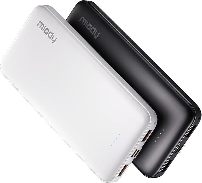 Miady 2-Pack Portable Charger 10000mAh Power Bank Battery Pack for Travel | 37Wh丨Dual USB丨3 Outputs 2 Inputs丨Slim丨Compatible with iPhone 17 16 Galaxy S24 Android Tablets etc丨Flight-Safe丨Black+White by Miady