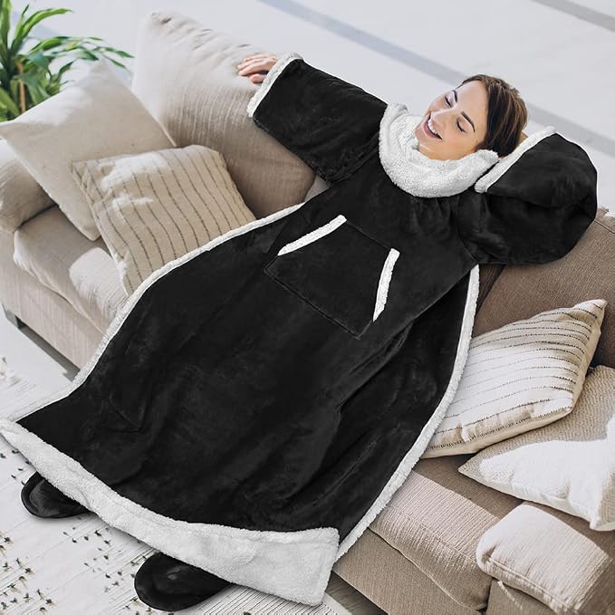 PAVILIA Sherpa Blanket with Sleeves, Foot Pocket for Women Men Adults, Thick Wearable Blanket Throw Wrap, Fleece Warm Snuggle Blanket Robe, Cozy Gift Ideas Wife Mom, Black - Image 3