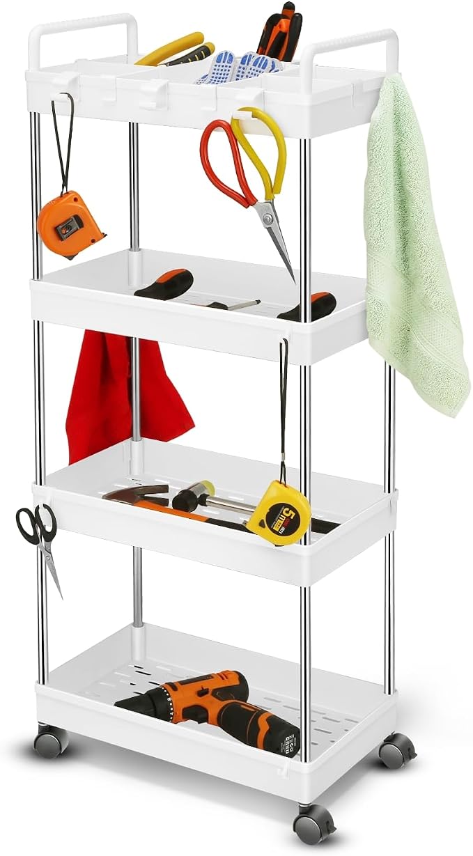 Auto Dynasty 4-Tier Rolling Utility Cart w/Handle, Narrow Storage, Big Size | Sturdy Steel Frame, Smooth-Rolling Casters, Multifunctional Shelves, Space-Saving Slim Design, for Office/Kitchen/Bathroom by AutoDynasty