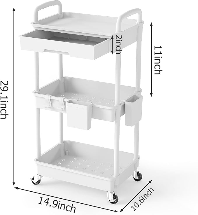 3 Tier Rolling Utility Cart with Drawer, Plastic Storage Organizer Rolling Carts with Wheels Handles Hanging Cups Hooks for Office, Bathroom, Kitchen,Craft Art Room (White) - Image 2