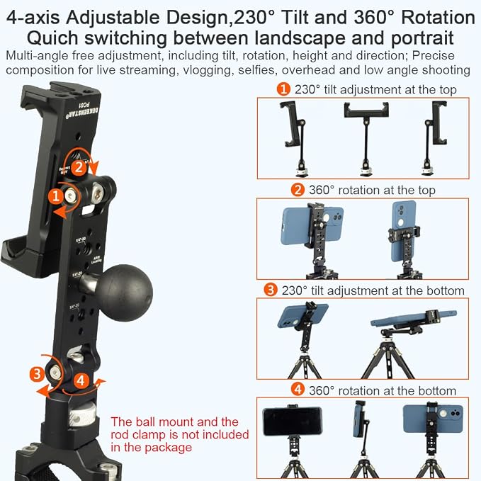 Metal Phone Camera Mount Holder with 1/4” Locating Screw for ARRI, Universal Phone Tripod Mount Adapter with Cold Shoe for iphone 17/16/15, 360° Swivel 230° Tilt Tripod/Camera Phone Holder Support - Image 2