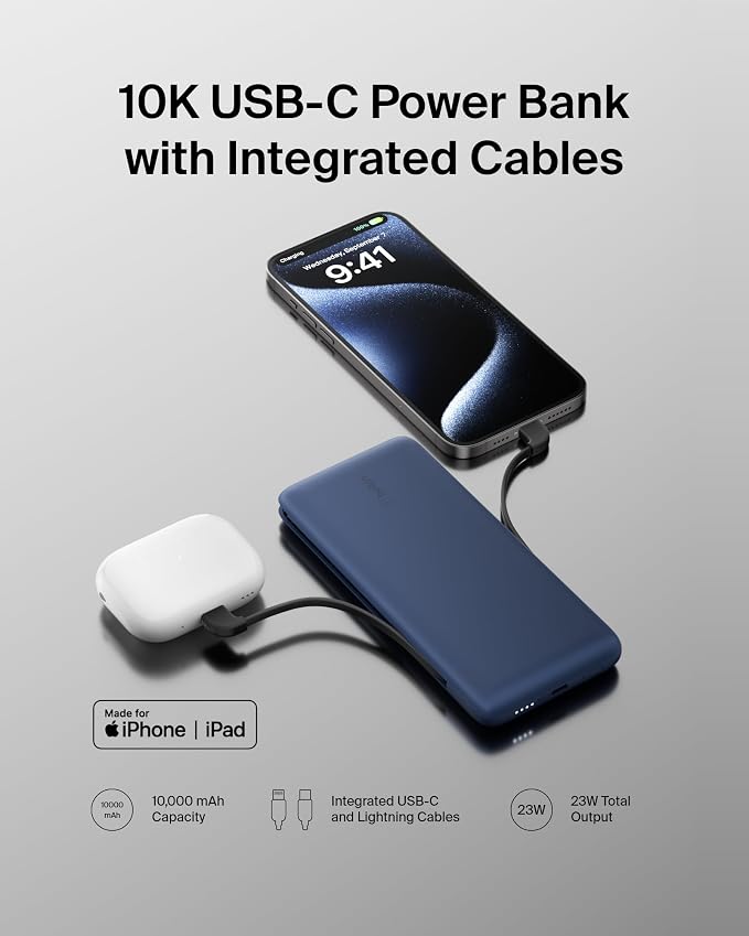 Belkin 10K 23W Portable Charger Power Bank, Integrated USB C and LTG Cables | Fast Charging, iPhone 17, Samsung Galaxy, Pixel, Airpods, iPad, Battery Pack, USB C Port, USB C Cable, Lightning Cable - Image 6