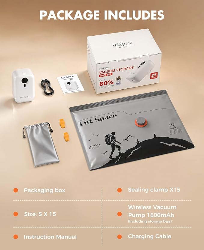Vacuum Storage Bags with Electric Pump, 60kPa Vacuum Seal Bags for Clothing Devices, Travel Bags with Portable Cordless Pump Included, Compatible with Bags 15 Small Set - Image 9