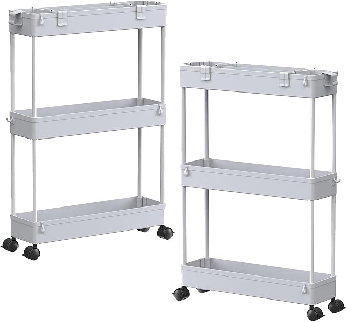 2-piece Set Slim Storage Cart 3 Tier,Bathroom Organizer Rolling Utility,Mobile Shelving Unit Slide Out for Office, Kitchen, Laundry Room & Narrow Places by Home