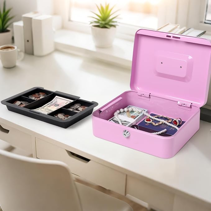 Jssmst Cash Box with Tray - Light Purple Money Box with Key Lock, Money Saving Box Lock Box, 9.84'' x 7.87'' x 2.6'', Light Purple - Image 6