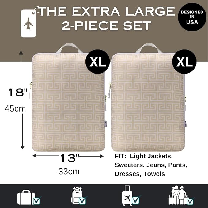 Extra Large Compression Packing Cubes for Checked Luggage, Lightweight Suitcase Organizers & Space Saver Bags - Travel Cubes for Packing - Travel Essentials - 2 Piece Set, X-Large - Beige Boho - Image 2