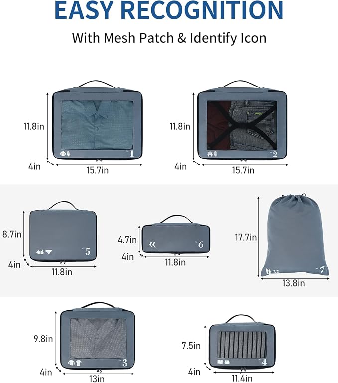 ECOHUB 7 Set Packing Cubes Tear-Resistant Luggage Packing Organizers with Number Icon for Travel Accessories Luggage Suitcase Machine Washable Packing Cubes (Grey) - Image 6