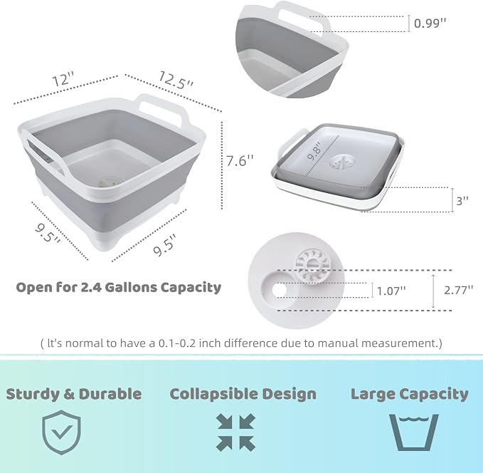 Collapsible Wash Basin with Drain Plug - 2.4 Gallon Foldable Kitchen Sink for Baby Bottles, RV Camping, Space-Saving Dish Tub (Gray-Gray) - Image 3