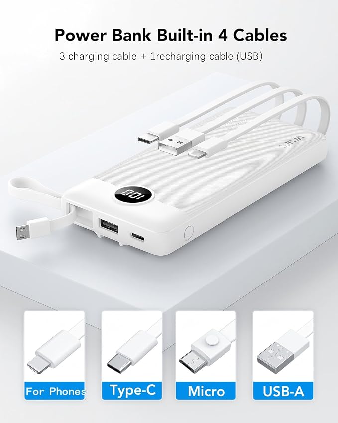 VRURC Portable Charger Built in 4 Cables, Slim Power Bank 10000mAh | Multi Devices Charging Bank with Lanyard, USB C Battery Pack for All Cell Phones, Samsung,Android-White(1 Pack) - Image 2
