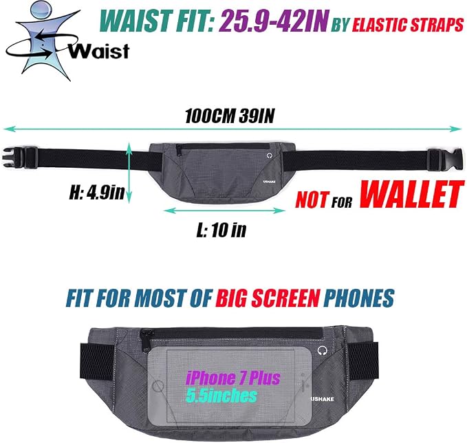 USHAKE Running Belt,Men or Women Ultra Light Bounce Free Waist Pouch Bag Fitness Workout Belt Sport Waist Pack Exercise Waist Bag for iPhone Samsung LG in Running Gym Marathon (Grey) - Image 5